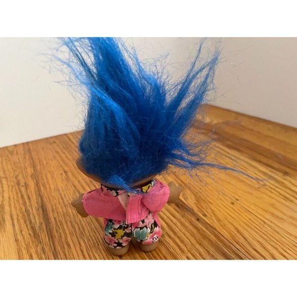 Vintage Blue Hair + Blue Star Belly Jewel Ace Novelty Co Troll with Pink Floral - Picture 3 of 6